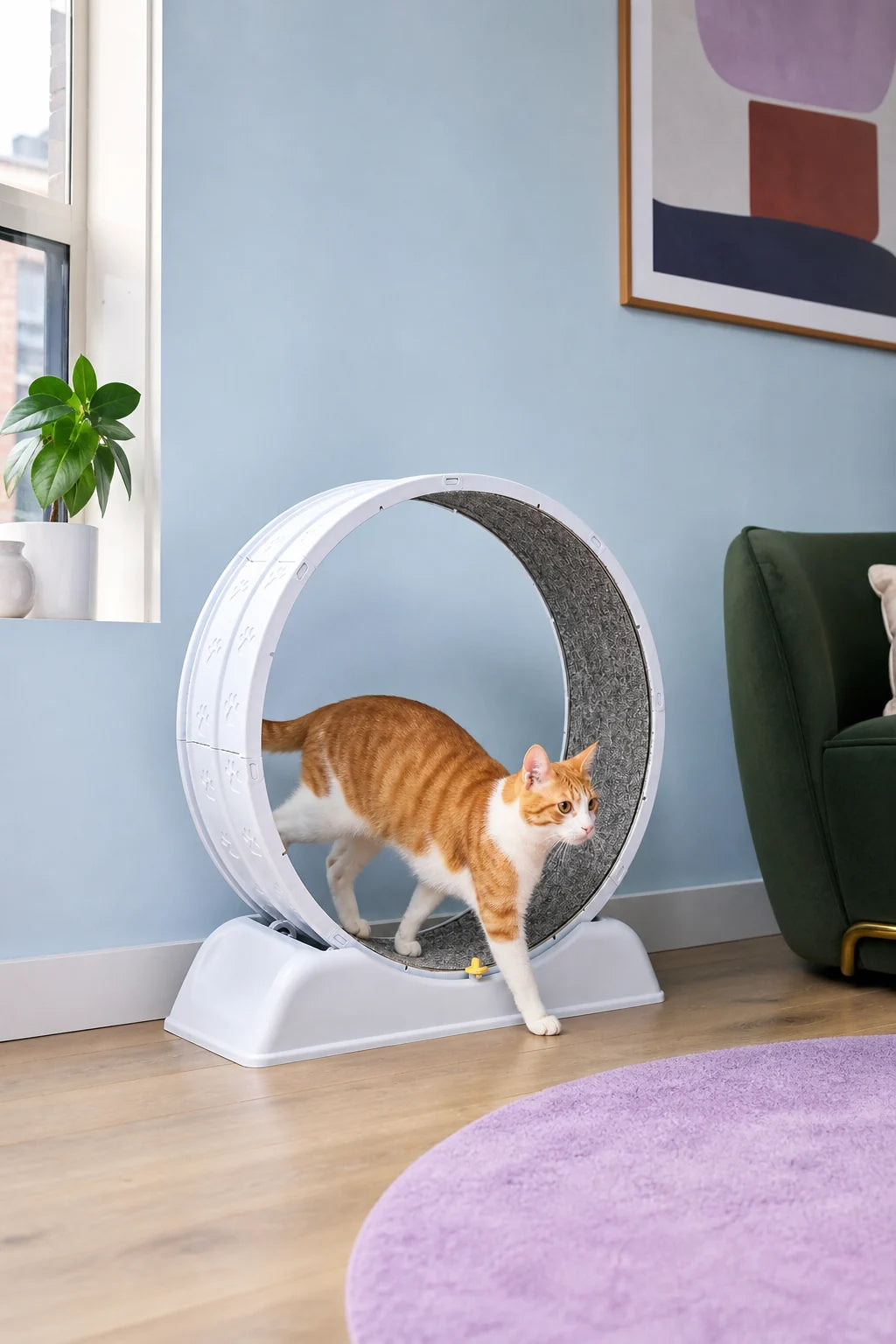 Cat using an exercise wheel in a bright home