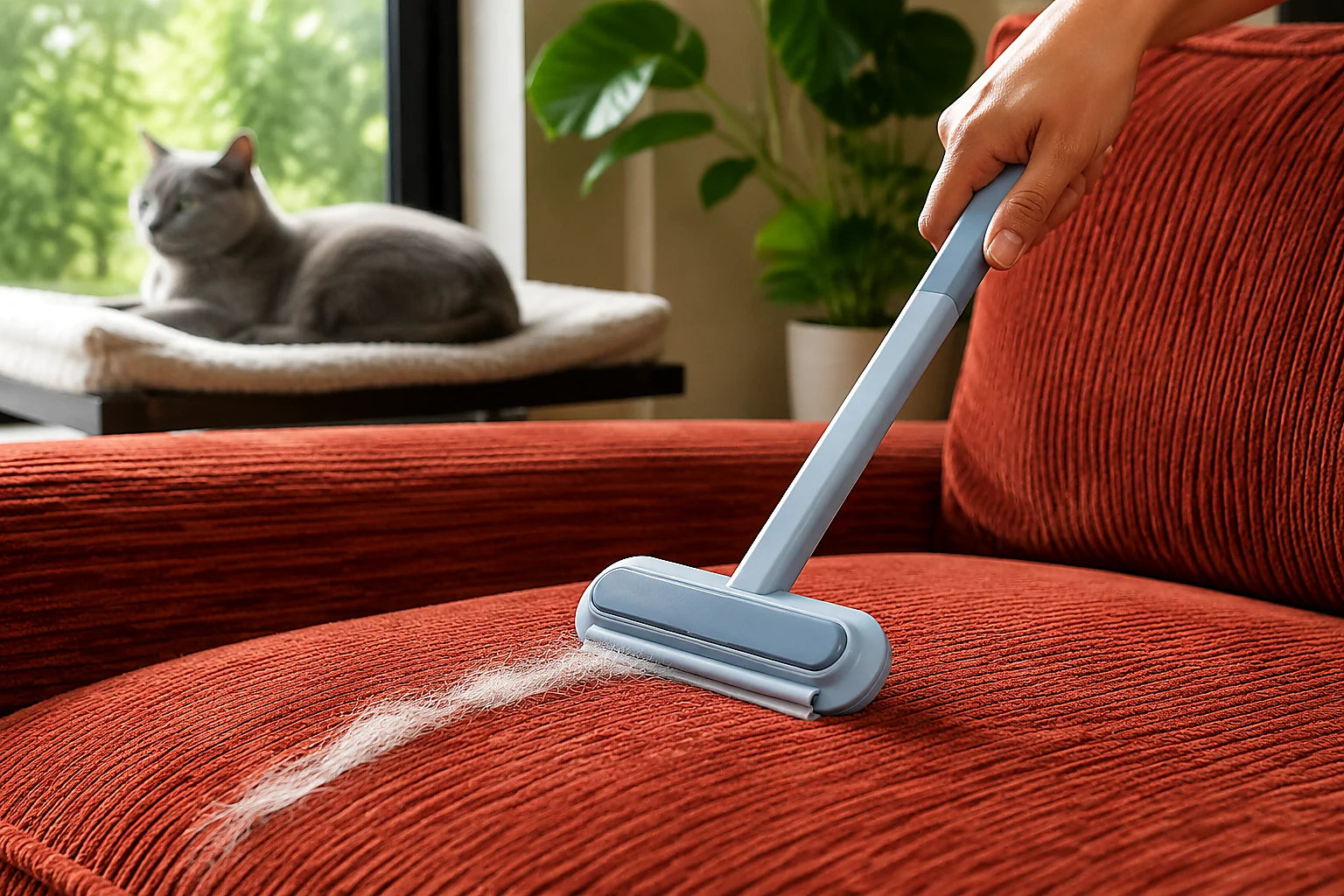 Removing pet hair from a sofa in a lived-in home