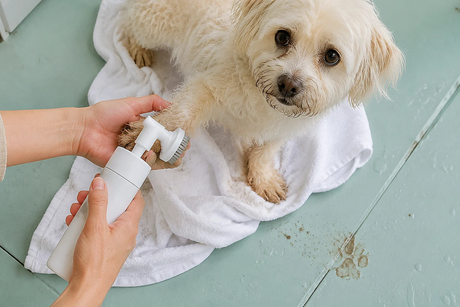 Cleaning a dog paw at the entryway after a walk