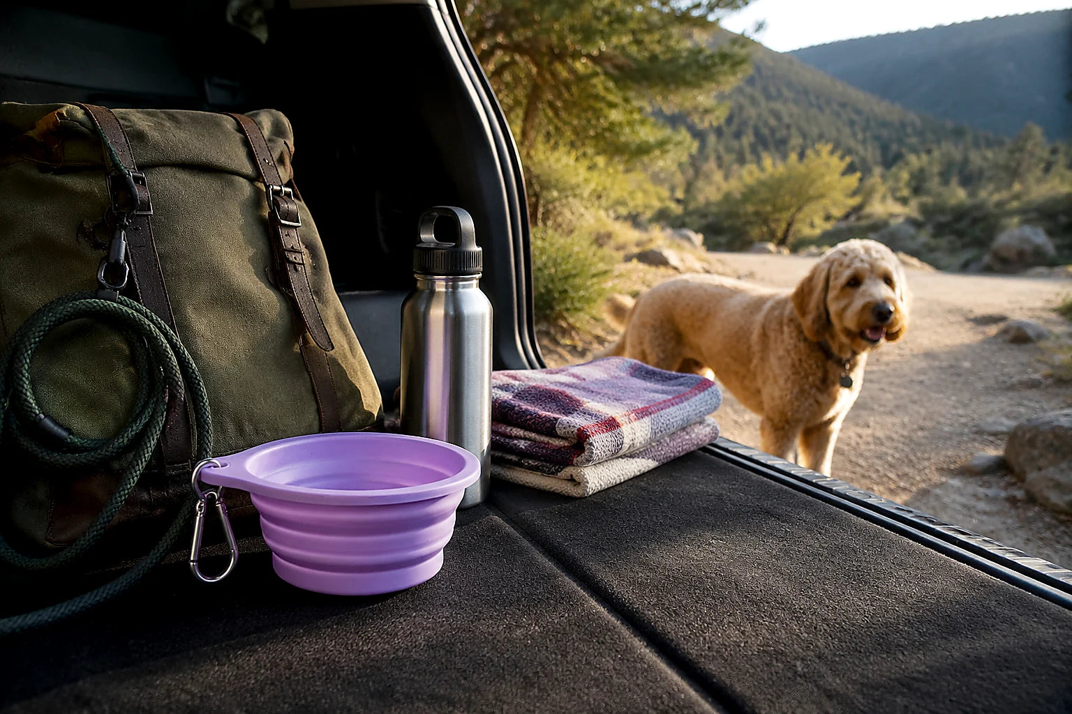 Giving a dog water during an outdoor stop