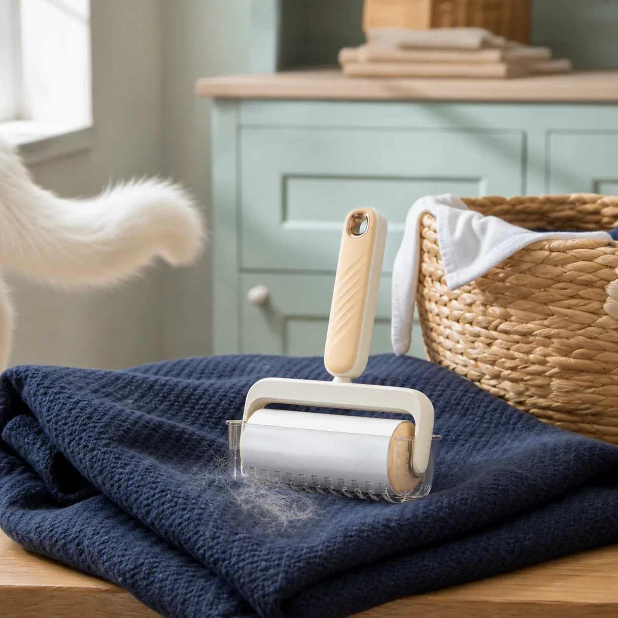 Pet hair cleanup tools beside a sofa