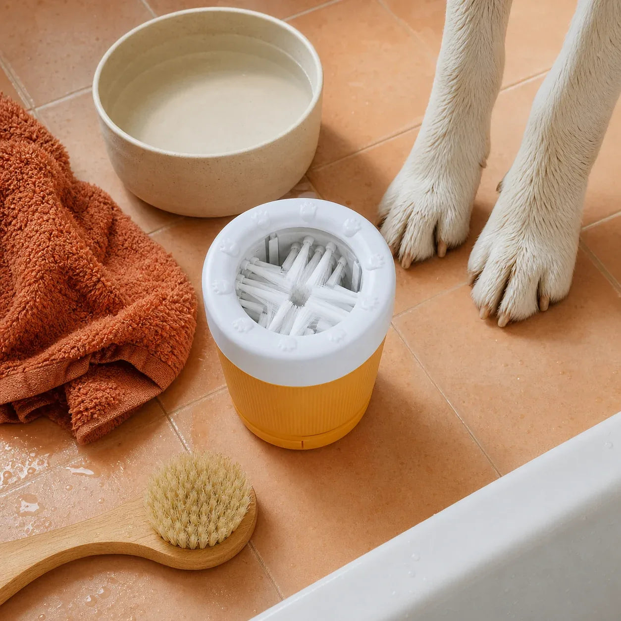 After-walk paw care products near an entryway